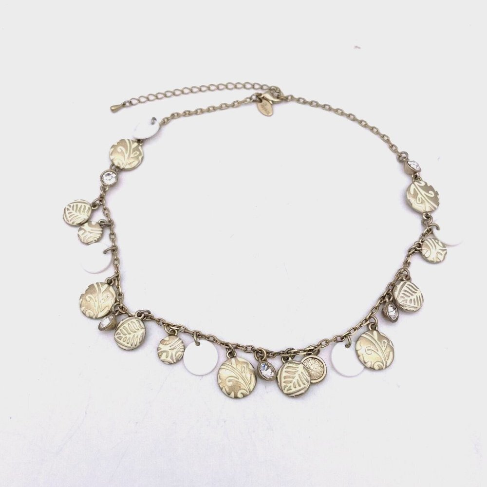 Lia Sophia Rhinestone Round Medallion Chain Carved Necklace Gold Tone Signed 16"